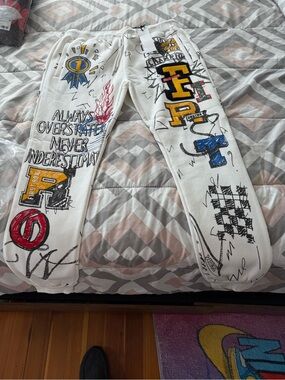 First Row White Graphic Drawstring Sweatpants with Multi-Color Designs